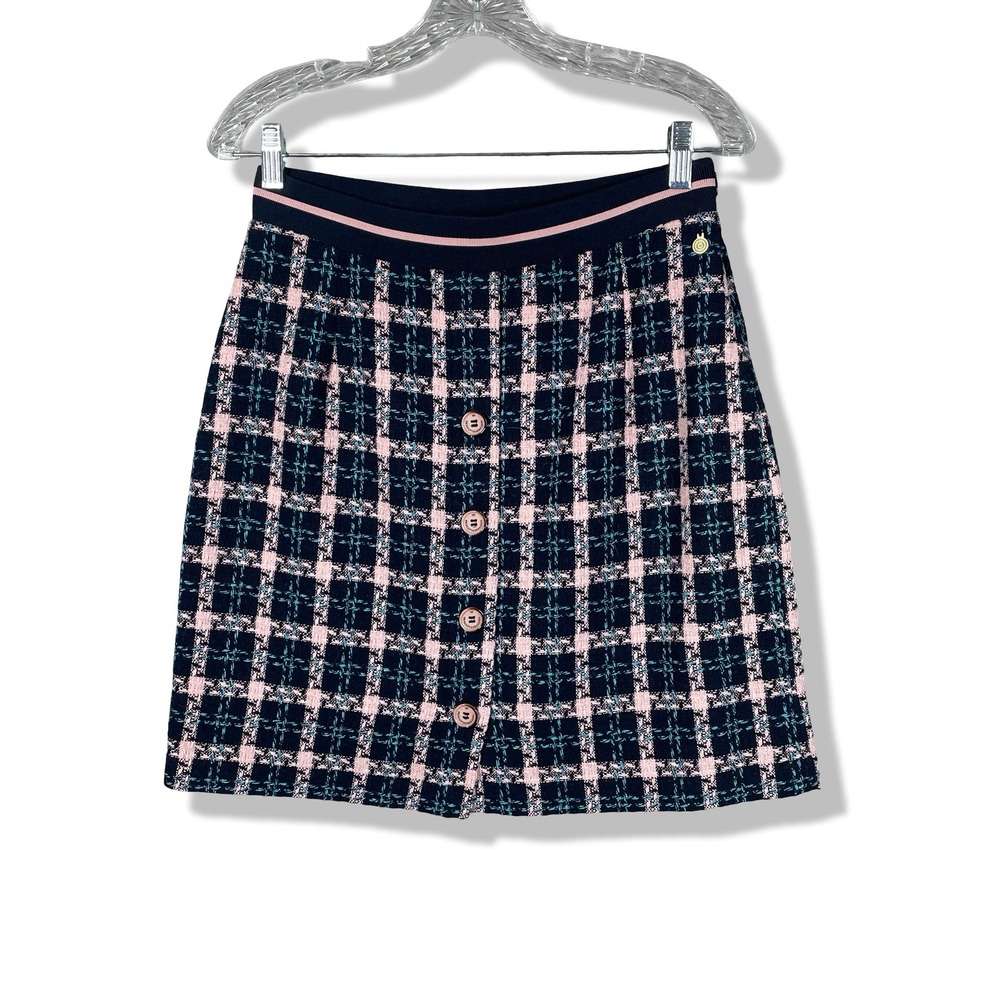 4 Funky Flavours Plaid Tweed Mini Skirt Womens Navy Pink Academia Preppy Size S